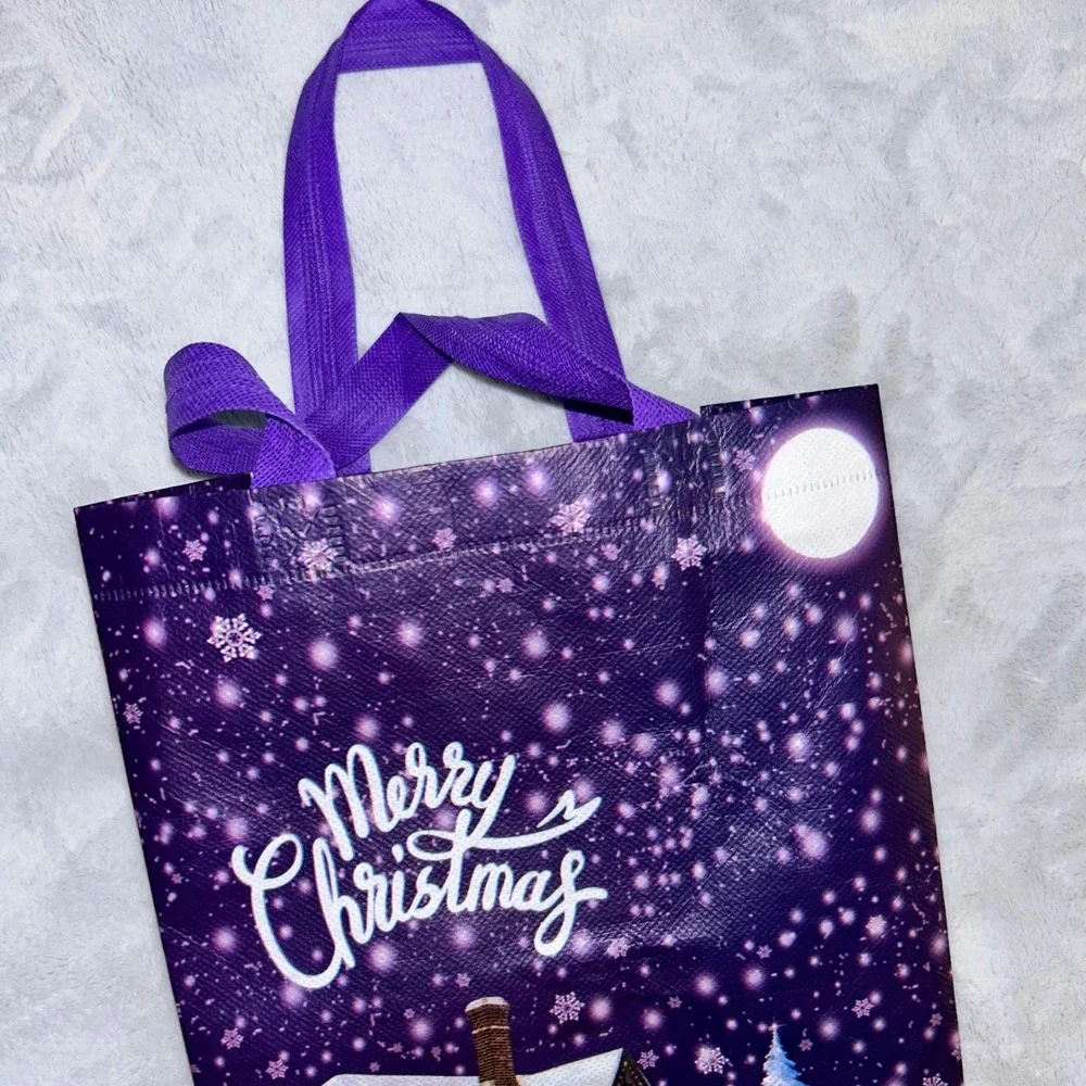 Purple Merry Christmas Reusable Gift‎ Bag Santa Claus Winter Scene Tote